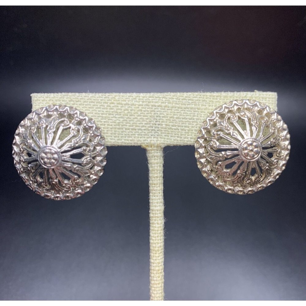 1928 Etruscan Style Pierced Earrings Vintage Silver Tone Bold Domed Open Work